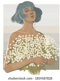 young girl with freckles and a bob hairstyle holds a huge bouquet of daisies in her  hands
