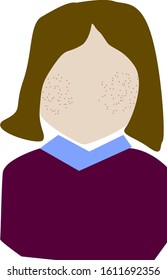 A young girl with freckles and a short haircut is isolated on a white background. A girl in a strict shirt and a maroon cardigan. Silhouette with no face logo.  