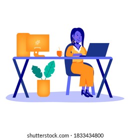 a young girl freelance business women casual using laptop working video call with customer, happy young girl relax sitting office desk job internet, vector graphic design illustration