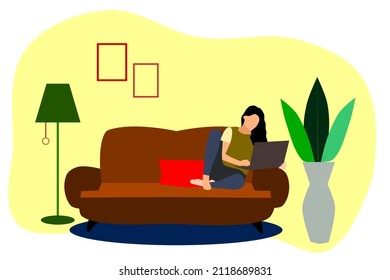 Young Girl Is A Freelancer, Lying On Sofa, Using Laptop For Remote Operation And Work. Vector Illustration In Flat Style