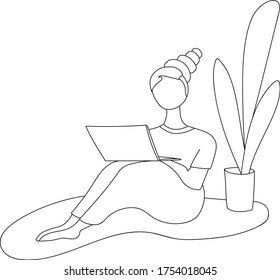 Young girl freelancer works at home in a cozy room. Sits on the floor, on his lap a laptop. Vector illustration