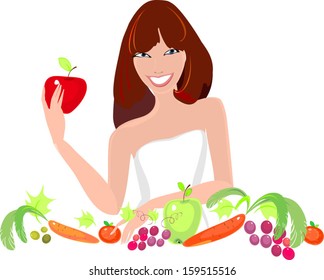 Young girl with fresh vegetables and fruits