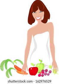 Young girl with fresh vegetables and fruits