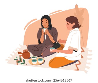 Young girl friends cartoon characters sitting on floor tasting herbal asian tea using native ceramics and accessories enjoying traditional authentic oriental ceremony vector illustration scene