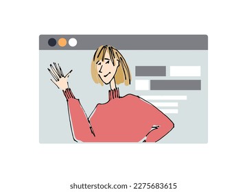 Muchacha frente a una pantalla de computadora. ilustraciones de línea, estilo plano, elemento vector aislado, letra a mano