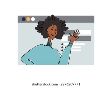Young girl in front of a computer screen. line illustrations, Flat style, isolated vector element, hand lettering