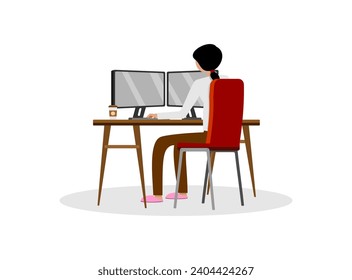 Young girl in front of computer, working online