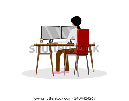 Young girl in front of computer, working online
