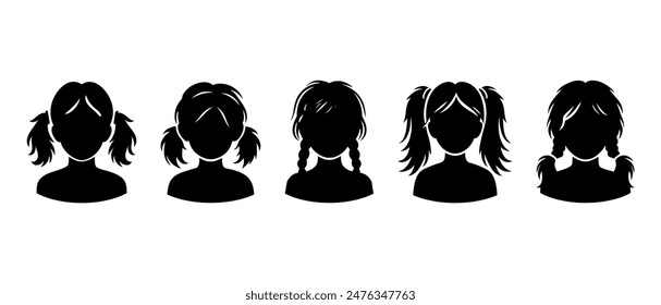 Young girl front view profile silhouette black filled vector Illustration icon. Set of cute and beautiful school children character design.	