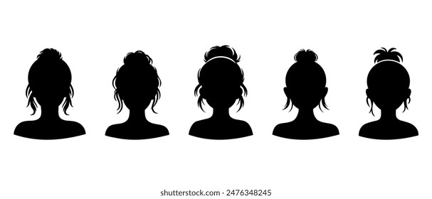 Young girl front view profile silhouette black filled vector Illustration icon. Set of cute and beautiful school children character design.	