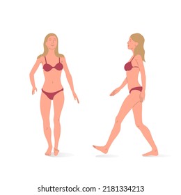 Young Girl, Full Body Of A Woman, Front And Side Views. Isometric Vector Illustration Of A Person Standing Still And A Person Walking.