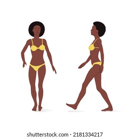 Young Girl, Full Body Of A Woman, Front And Side Views. Isometric Vector Illustration Of A Person Standing Still And A Person Walking.