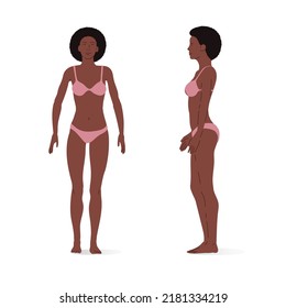 Young Girl, Full Body Of A Woman, Front And Side Views. Isometric Vector Illustration Of A Person Standing Still And A Person Walking.