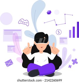 A Young girl with funy virtual reality VR headset. People vector illustration.
