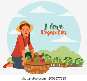 Young girl in a garden with a basket full of fresh vegetables: cabbage, pepper, tomato, carrot, corn, broccoli and eggplant in cartoon style