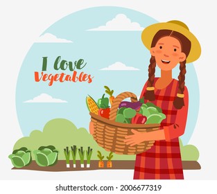 Young girl in a garden with a basket full of fresh vegetables: cabbage, pepper, tomato, carrot, corn, broccoli and eggplant in cartoon style