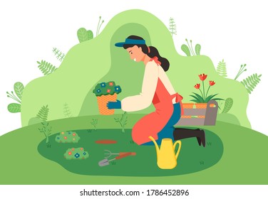 Young girl gardener sits on her knees and plants flowers in the garden. Watering can, shovel, rake on the ground. Attraction and accumulation of capital. Urban gardening, floristry, landscaping