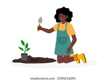 Young girl gardening with a trowel in a vibrant green space during a sunny day