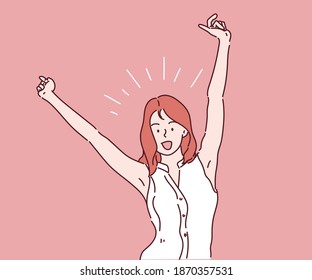 Young girl gesturing victory, with a happy, proud and satisfied look on face. Hand drawn in thin line style, vector illustrations.