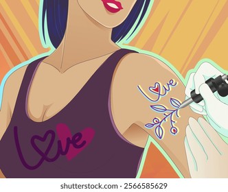 A young girl gets a tattoo. Pop art illustration. Vector illustration.