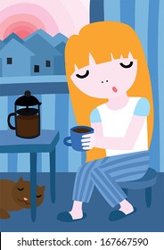 Young Girl Getting Up Early in the Morning Having Coffee