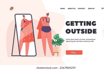 Young Girl Getting Outside Landing Page Template. Female Character Trying on Clothes. Woman in Linen with Dress in Hands Stand in front of the Mirror with Summer Apparel. Cartoon Vector Illustration
