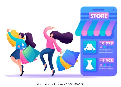 Young girl girlfriends buy clothes online and have fun, friendship. Flat 2D character. Concept for web design.