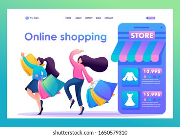 Young girl girlfriends buy clothes online and have fun, friendship. Flat 2D character. Landing page concepts and web design