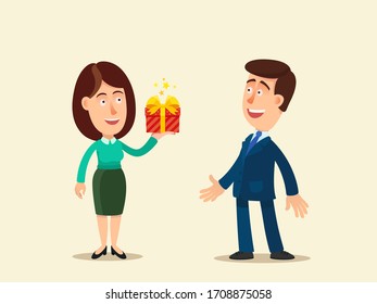 A young girl gives a present to her boyfriend. The man is very happy and surprised. Woman hold red gift box with yellow bow. Vector illustration, flat design, cartoon style, isolated background.