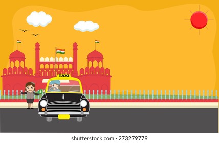 Young Girl Giving Dollar Bag to Taxi Driver in Front of Red Fort