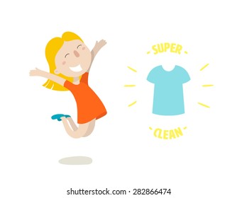 The young girl glad that t-shirt super clean. Flat design. Vector illustration.