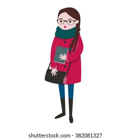 Young girl with glasses and  bag, books. Character - student, education concept. Vector illustration
