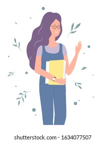 Young girl in glasses with book. Student with folder for papers. Branches of leaves on background. Happy teenager in casual clothes. Youth lifestyle. Vector flat cartoon illustration.