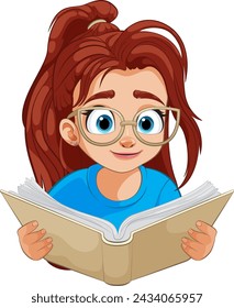 Young girl with glasses deeply focused on a book