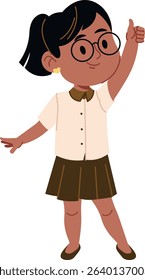 A young girl with glasses and a ponytail gives a thumbs up in a playful cartoon style. She wears a collared shirt and skirt, exuding confidence and positivity. Cartoon vector illustration.