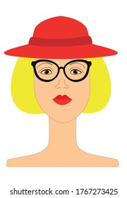 Young girl in  glasses and a red hat on an isolated white background. Red lips. Avatar
