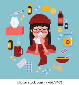 Young girl in glasses and red hat caught cold flu or virus. With red nose, high temperature and holds handkerchief. Ways to treat illness in a circle around. Vector isolated objects on blue background