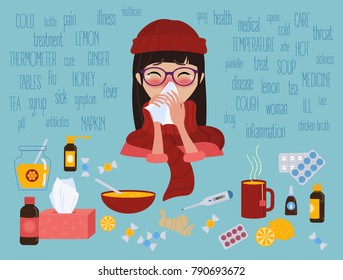 Young girl in glasses and red hat caught cold flu or virus. She has red nose, high temperature and holds handkerchief. Ways to treat illness. Text around. Vector isolated objects on blue background