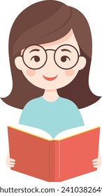 Young girl with glasses smiling and reading a red book. Cheerful child enjoys a book. Education and learning concept. Happy kid loves to read vector illustration.