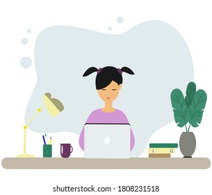 Young girl in glasses studying online with laptop and books. Back to school, online education. Table with books, lamp, Tea cup. Vector illustration in flat style.