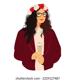 A young girl in glasses with a wreath on her head and a glass in her hands. Drawing, vector.