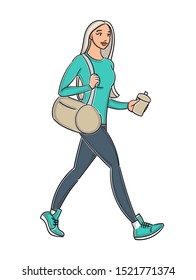 Young girl goes to play sports in leggings with a sports bag and a bottle of water. Hand drawn cartoon vector illustration. Fitness woman  Full length.