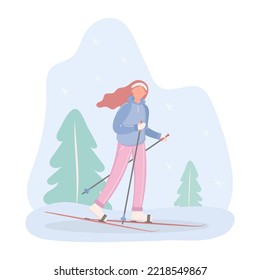 A young girl goes skiing through the forest. vector illustration