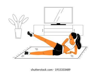 Young girl goes in for sports at home. Sports exercises. Sport. Room interior. Vector illustration
