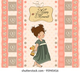 young girl going to bed with her favorite toy, a giraffe