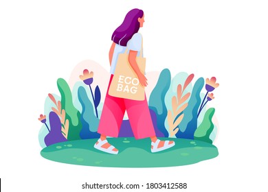 Young girl going with a reusable grocery bag. Zero waste concept. No plastic. Eco style. Go green.Caring for the environment. Shopping without waste. Isolated vector illustration in flat style.