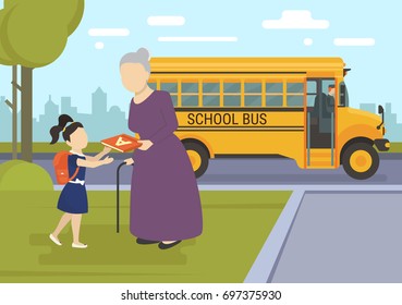 Young girl going to school first day. Flat vector illustration of grandmother giving an alphabet to her granddaughter as a custodian and school bus behind them