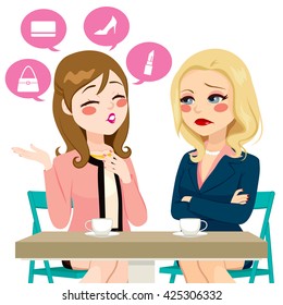 Young girl gossiping boasting about her life having coffee with adult woman in disbelief or disappointment