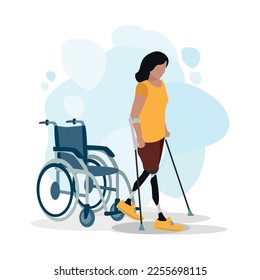 young girl got up from a wheelchair and is learning to walk on prosthetic legs with crutches. Limb prosthetics and rehabilitation. Thank you doctors and nurses. Vector illustration.