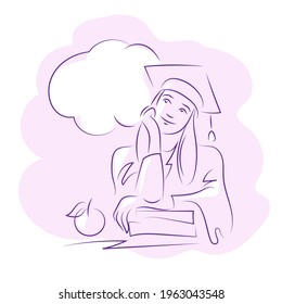 A young girl graduate of the university in a gown and an academic hat dreams of the future. Line drawing graphic vector illustration.